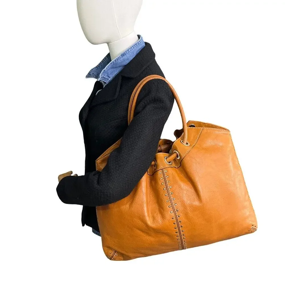 Michael Kors Astor Large Tan Brown Leather Drawstring Tote Bag Stud Detail